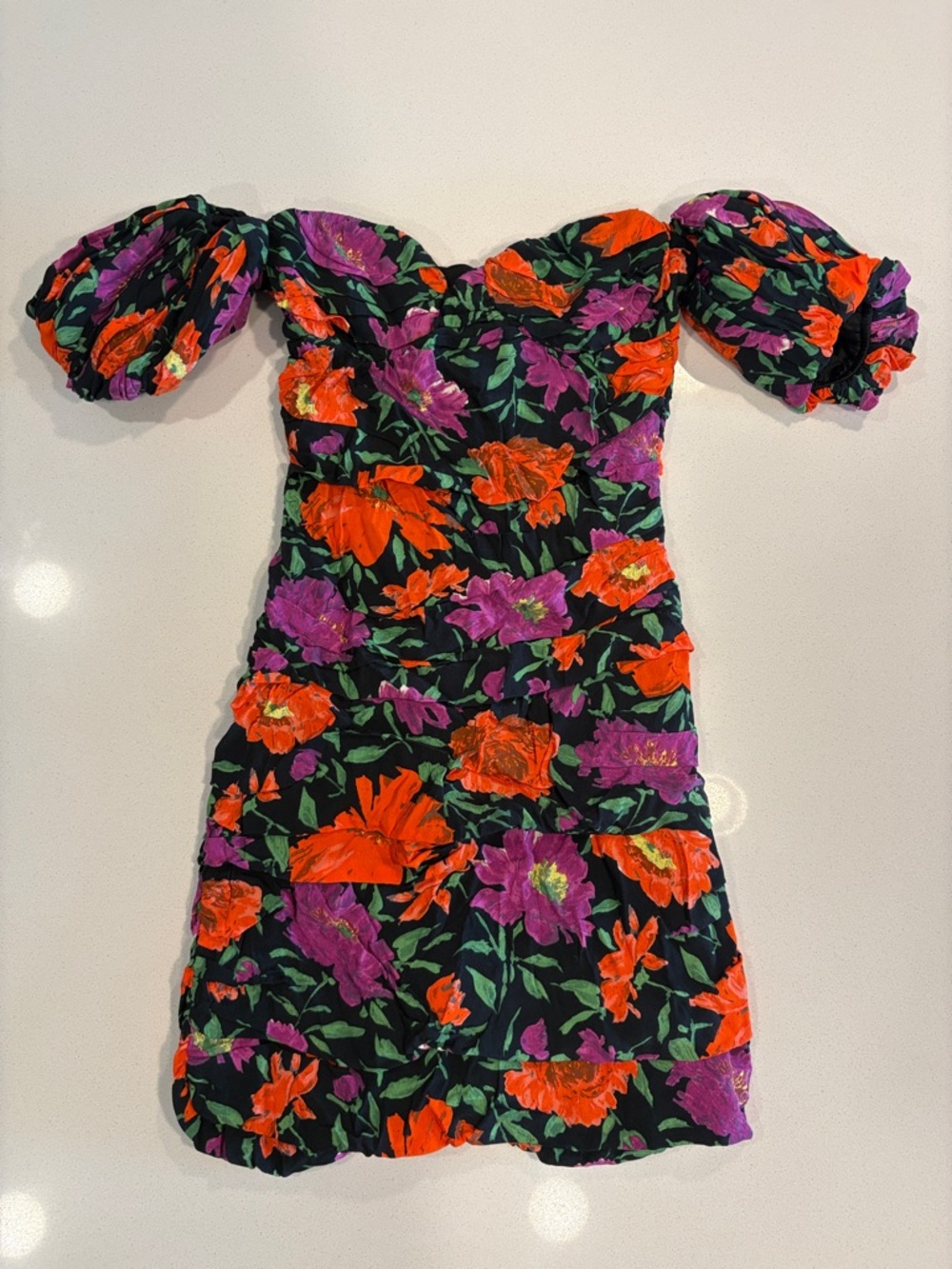 Zara Black Floral Puff-Sleeve Mini Dress with Orange & Purple Flowers